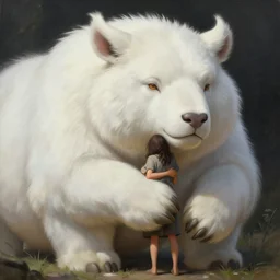 a person hugging!!! a large white animal, a detailed painting by krenz cushart, pixiv contest winner, fantasy art, official art, detailed painting, pixiv. highly detailed. 4 k masterpiece. unreal engine. photorealistic. realism. cinematic. photorealism. wideshot