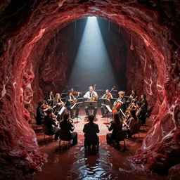 ultra wide, spotlight, conducting a symphony orchestra inside middle of dark slimy water slide tube, the walls are made of red meat, the floor is flooded, by craig mullins, ilya repin