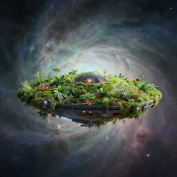 an alien spacecraft made of plants, floating in a cosmic nebula, dreamlike, alex grey