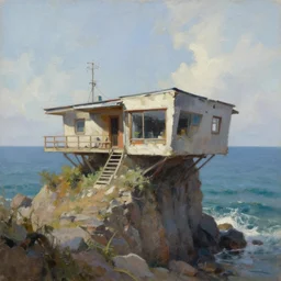 brutalist house, coastal perched on a cliff overlooking a magnificient bay, concept art oil painting by Jama Jurabaev, extremely detailed, brush hard, artstation