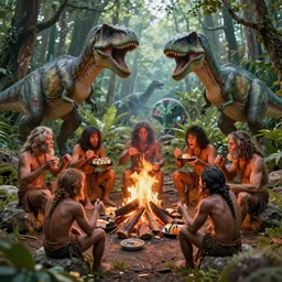8 5 mm f 1. 8 lit edges, photo, hyper detailed, neanderthal people celebrating first contract with aliens!, eating sushi, surrounded by dinosaurs!, gigantic forest trees, sitting on rocks, bonfire, zoom on alien face