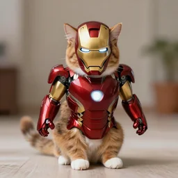 a calico cat as iron man, no helmet, digital art, high quality, photorealistic, wide angle, shallow depth of field