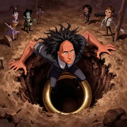 dwayne johnson as cousin it from the addams family with lots of hair climbing out of a deep hole in the ground, the ring, horror, animation pixar style, shaded lighting poster by magali villeneuve, artgerm, jeremy lipkin and michael garmash, rob rey and kentaro miura style, trending on art station