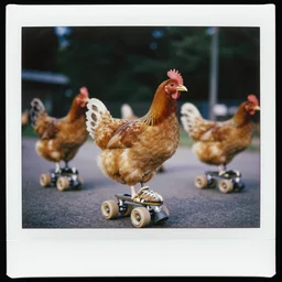 hens on rollerskates, photorealistic, kodak polaroid film, national geographic, highly detailed