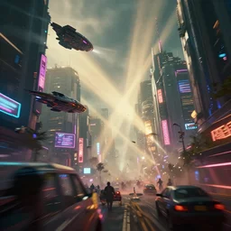 a 3 d rendered in unreal engine guatemalan cyberpunk city with spaceships flying around with neon ads and signs with evocative dramatic mood with blade runner vibe with motion blur with depth of field with bloom with lightshaft with volumetric lights, fog, by jeremy mann, oscar winning graphics, photo realistic, bloom, imax, dynamic lighting, artstation,