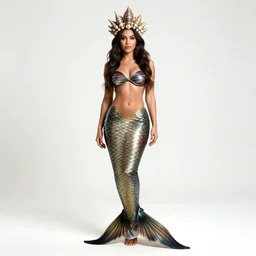 rugged mermaid with shell crown, photorealistic portrait photography, full body, standing, isolated on a pure white background, centered, whole figure in frame, sharp focus, studio lighting