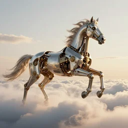 “biomechanical horse galloping on clouds, steampunk, golden hour, mist, by Greg Rutowski”