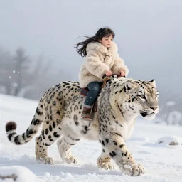 girl with a fluffy coat riding a giant snow leopard in the snow, trending on artstation