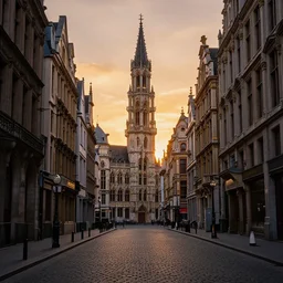 neo - gothic brussels, view from the streets, sunset, light between buildings, empty streets, hyperdetailed, artstation, cgsociety, 8 k