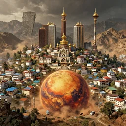 Dharamshala!!!!! on Mars!, exterior wide shot, volumetric, epic, cinematic, highly detailed, intricate, by Raphael Lacoste, Eddie Mendoza, Alex Ross, Pilar Gogar, matte painting, 8K HDR
