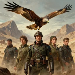 arid winds blow across the mountains giving flight to the birds of prey, colourised, face portrait, epic, tragic, military art, fantasy, dieselpunk, hd shot, digital portrait, beautiful, artstation, comic style, by artgerm, guy denning, jakub rozalski, magali villeneuve and charlie bowater