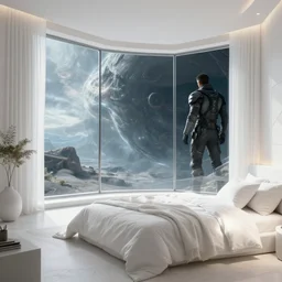 infinitely detailed hd photo of a white bedroom scenery ambience from deus ex : human revolution and oblivion movie, with a huge glass window overlooking an alien planet by jung yeon min, design, concept art