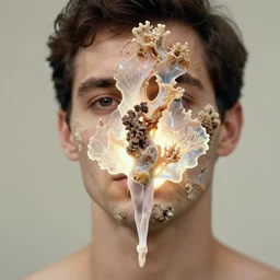 realistic photo of a blurred face of a man, covered in shriveling dead semi - translucent iridescent coral reef, emitting aura, in a ballet pose 1 9 6 0, life magazine photo, natural colors, metropolitan museum, kodak, 8 k, very detailed, high resolution, product photo,