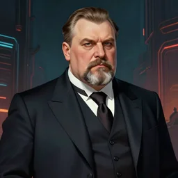 a portrait of a stern, elegantly dressed, heavy set older man with a round face and a salt and pepper goatee, wearing a smart smoking jacket and cravatte, in the style of a soviet era propaganda poster, cyberpunk dark fantasy art, official fanart behance hd artstation by jesper ejsing