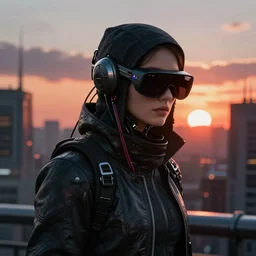 beautiful cyberpunk assassin with night vision goggles, wires, cyberpunk, dramatic light, sunset, cyberpunk city in the background, gorgeous view, depth, movie illustration by Igor Kieryluk