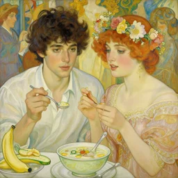 painting of young handsome beautiful dark medium wavy hair man in his 2 0 s named shadow taehyung and gorgeous ozma of oz wearing a floral hair crown together at the cucumber and banana soup party, elegant, clear, painting, stylized, delicate, soft facial features, art, art by alphonse mucha, vincent van gogh, egon schiele