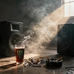 room full of smoke, energy drink, ashes, ash trays, cigarettes, smoke, grey, dark, ray of light, golden hour, speakerboxes