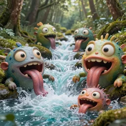 of river rapids through a forest with strange cute friendly happy creatures with huge eyes, mouth, long tongue and round teeth appearing from the water, in the style of gehry and gaudi, macro lens, shallow depth of field, highly detailed, digital painting, trending artstation, concept art, illustration, cinematic lighting, vibrant colors, photorealism, epic, octane render
