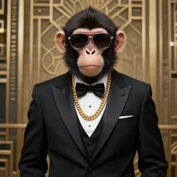 a monkey wearing a nice black tuxedo and wearing shades and wearing gold chains around its neck, art deco, highly detailed, highly coherent, 8 k