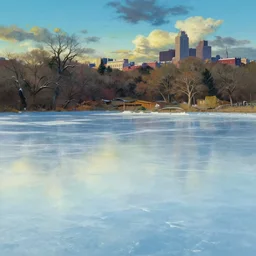 gouache matte painting!!!, ice skating area, empty ice frozen lake ground panorama, trees and brooklyn in far distance, dramatic daytime, cinematic angle, studio ghibli, makoto shinkai, pixar painting, cinematic lighting, detailed gouache painting, hyperrealistic, 8 k