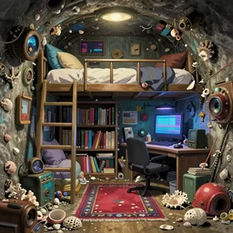 anime background of the interior of a makeshift bedroom created hastily inside a small apartment bunker, a loft bed, book case, computer desk, bowling alley carpet, and built from various coral seashells and being reclaimed by nature, nostalgia, vaporwave, litter, steampunk, cyberpunk, caustics, anime, vhs distortion, dynamic shot, cinematic, film letterbox, art created by miyazaki