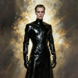 a tall thin man with pale skin, in black latex robes by frank miller and bill sienckiwicz