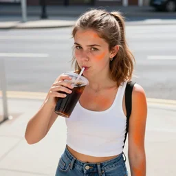 a medium shot overhead sunlight midday energetic street portrait of a average middle class irish teenager girl wearing a orangeish self - tanner drinking a soda at a fast food