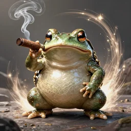 a fat short anthropomorphic toad smoking a cigar, battle stand, smooth, intricate, elegant, power aura, digital painting, artstation, concept art, high tech fantasy, sharp focus, illustration, art by james jean and justin gerard,