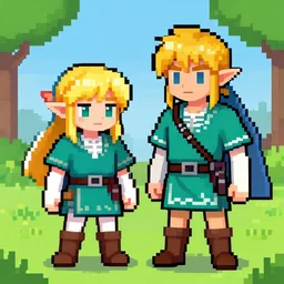 zelda and link, pixel art style