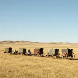 a wagon train of eight conestoga wagons, western art