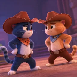 skewed angle screenshot from pixar movie of two cowboy cats in a standoff, cinematic, dramatic lighting, colorful, lackadaisy, trending on artstation