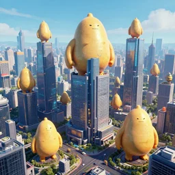 photo of a cyberpunk landscape with many big chungus the size of a building