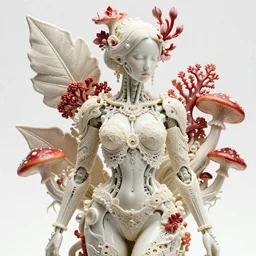 intricate hyper detailed ultra sharp focus front shot 3 d render of a beautiful porcelain ivory fair seductive woman, close - up, bright 3 point light, f 2. 8 1 5 0 mm, sharp focus, alexandre ferra georg loschner elegant mecha, bionic cyberpunk mechanical sci - fi haute couture fractal mycelum and fungi filigree lace, red mushroom corals, magnolia goliath head ornaments, big embroidered leaves sinuous roots, octane render, pearls, volumetric cinematic lighting, 8 k,