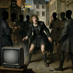 a hieronymus bosch painting of a frightened young man in a street surrounded by people without eyes and crt television s 1 5 0
