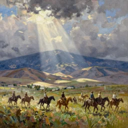 Mormon pioneers enter the Salt Lake Valley, by Minerva Teichert, oil on canvas, detailed scan