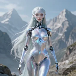 ethereal cybernetic alien princess in the mountains, extremely detailed, sharp focus, wide view, smooth, digital illustration, iridescent subsurface scatter by james jean, by rossdraws, frank franzzeta, sakimichan