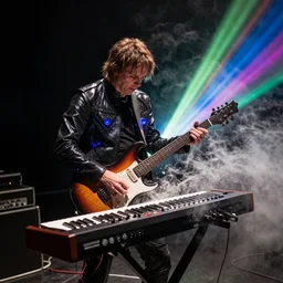Trent Reznor smashing a guitar on a synthesizer, dust, smoke, colored projections, ultrafine detail, cybersuit, glowing thing wires, smoke, high contrast, projections, associated press photo, masterpiece