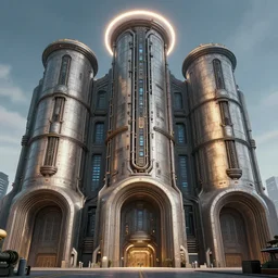 3 d sculpt of massive town hall archways building exterior cylindrical beveled architecture, massive pipeline with layered complex cyberpunk'scifi digital movie camera'' power station'complex industrial military building facade, halo, star wars, ilm, star citizen halo, mass effect, high tech industrial, doom eternal, artstation unreal