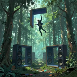 A person at a falling through portals  amongst tall trees with speakers, cyberpunk, epic surrealism, Detailed digital matte painting in the style of simon stalenhag and Bev dolittle Zdzislaw Beksinski, Greg Hildebrandt artstation, psychedelic