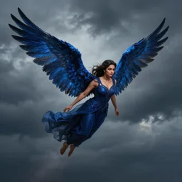 angel avan jogia with indigo-feather wings. Flying in a stormy sky. Distant full body shot. High detailed, matte painting