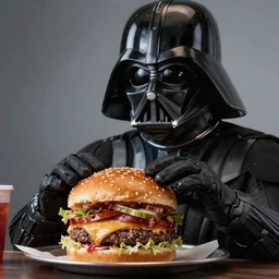 A still of Darth Vader eating at Big Mac, 4k, photograph, ultra realistic, highly detailed, studio lighting