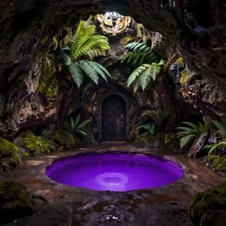 underground room, round purple glowing pool in the centre, earth walls with mosses, big ferns, damp, dark, gothic by rutkowski and brian froud, eye level, wide view