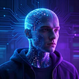 portrait of a circuit board human, cyberspace, blue and purple, light beams, hacker, digital art by bastien lecouffe - deharme