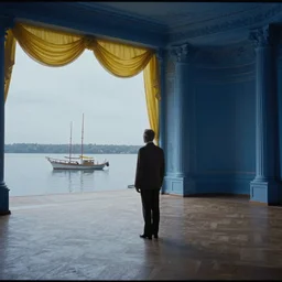 movie still by tarkovsky of a blue neoclassical ballroom with yellow drapery next to a lake with barques, cinestill 8 0 0 t 3 5 mm, by magritte, by piranesi, heavy grain, high quality, high detail, isometric view