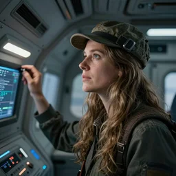 a portrait of a beautiful woman exploring a space ship by bruce weber, long hair, aged 2 5, swedish, wearing a travel hat, photo realistic, real life, photograph, 3 5 mm, octane render, trending on artstation