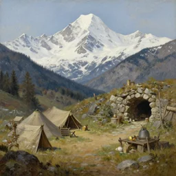 a medieval camp site facing a snow - capped mountain range, cave entrance, detailed oil painting.