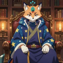 an anime of a colorful starry fox peacock character with pronounced oni fangs, wearing star filled mage robes, sitting in a library over candlelight, anime by yuji ikehata, realistic, detailed, proper proportions, fully clothed