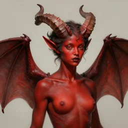 ''girl with red skin and large horns and bat wings, diffuse lighting, fantasy, intricate, elegant, highly detailed, lifelike, photorealistic, digital painting, artstation, illustration, concept art, smooth, sharp focus, naturalism, trending on byron's - muse, by greg rutkowski and greg staples and alphonse mucha