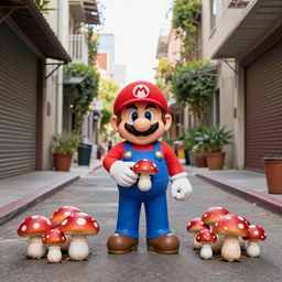 super mario lost his job and now sells mushrooms in the alleys of los angeles, canon eos r 3, f / 1. 4, iso 2 0 0, 1 / 1 6 0 s, 8 k, raw, unedited, symmetrical balance, wide angle