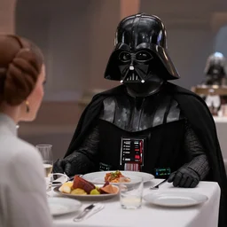 film still of Darth Vader on a dinner date with Princess Leia in the new Star Wars movie, 4k